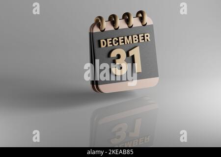 Calendario da tavolo in piedi nero e dorato mese con data dicembre 31. Design moderno con elementi dorati, illustrazione in 3D. cerami bianco Foto Stock
