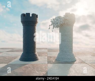 Un castello di scacchi nero che si oppone a un castello bianco sgretolato su una superficie di scacchiera e sfondo cielo - rendering 3D Foto Stock