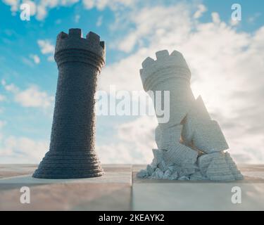 Un castello di scacchi nero che si oppone a un castello bianco sgretolato su una superficie di scacchiera e sfondo cielo - rendering 3D Foto Stock