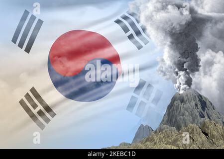Esplosione stratovulcano durante il giorno con fumo bianco sullo sfondo della bandiera della Repubblica di Corea (Corea del Sud), problemi a causa dell'eruzione e dei vulcani Foto Stock