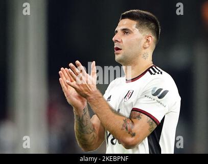 Foto del file datata 29-10-2022 del Fulham attaccante Aleksandar Mitrovic, che potrebbe affrontare una gara contro il tempo per essere in grado di iniziare la Coppa del mondo. Data di emissione: Venerdì 11 novembre 2022. Foto Stock