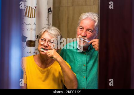 coppia di due anziani felici e sorridenti che si spazzolano i denti l'uno dell'altro a casa nel bagno - cura di sé e prendersi cura di loro stessi Foto Stock