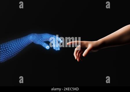 3d rendering di una mano digitale a filo luminoso che si avvicina ad una mano umana su uno sfondo nero nel concetto di gemelli digitali, intelligenza artificiale e m Foto Stock