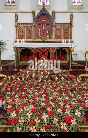 11 novembre 2022, Giornata dell'armistizio. Un'impressionante esposizione di papaveri lavorati a maglia e croci di papavero per commemorare i militari e le donne uccisi durante le guerre mondiali e i conflitti successivi, nella Chiesa di San Marco, Farnborough, Hampshire, Inghilterra, Regno Unito. Foto Stock