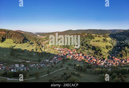 Germania, Turingia, Schleusegrund, Schönbrunn, villaggio allungato, foresta, montagne, valli, panoramica, luce del mattino, foto aerea Foto Stock