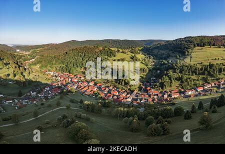 Germania, Turingia, Schleusegrund, Schönbrunn, villaggio, montagne, foresta, panoramica, luce del mattino, foto aerea Foto Stock