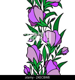 bordo senza cuciture floreali, fiori viola, bordi ripetuti su sfondo bianco con contorno nero, tessuto, design, arte, grafica Foto Stock