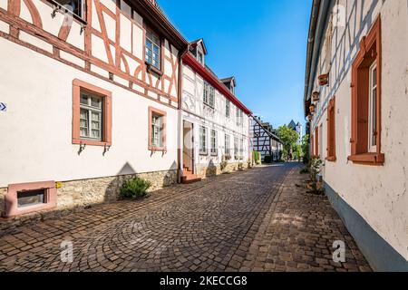 La vista di Eltville nel Rheingau, una città di rose e sostenibilità con molti edifici storici, come case a graticcio, angoli romantici e pittoreschi vi invitano a soffermarvi, soprattutto per gustare il vino, Foto Stock