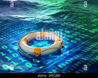 Lifesaver galleggia su un mare di codice binario incandescente. Illustrazione digitale, rendering 3D. Foto Stock