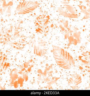 Astratto autunno thanksgiving foglia acquerello tracce modello senza cuciture. Delicato acquerello rosso arancio lascia ornamento su fondo bianco. Stampa per t Foto Stock