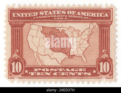 USA - 1904 aprile 30: Un francobollo rosso marrone da 10 centesimi che raffigura la carta di acquisto della Louisiana. Esposizione acquisti della Louisiana. Acquisizione del territorio della Louisiana da parte degli Stati Uniti dalla prima Repubblica francese nel 1803. In cambio di quindici milioni di dollari, ovvero circa diciotto dollari per miglio quadrato, gli Stati Uniti hanno acquisito nominalmente un totale di 828.000 miglia quadrate in Medio America. Tuttavia, la Francia controllava solo una piccola parte di questa zona, la maggior parte delle quali era abitata dai nativi americani Foto Stock