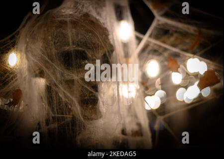 Decorazione scheletrica per Halloween avvolto in tessuto e tessuto ragno Foto Stock