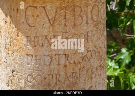 Primo piano di un'antica iscrizione greca sul pilastro della città romana di Gerasa a Jerash, Giordania Foto Stock