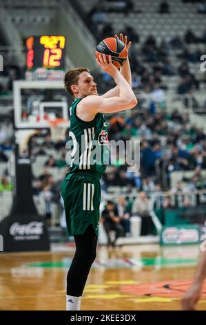 Atene, Grecia. 11th Nov 2022. #40 MARIUS GRIGONISof Panathinaikos durante l'Eurolega, turno 7, incontro tra Panathinaikos Atene e Cazoo Baskonia allo stadio OAKA il 11 novembre 2022 ad Atene, Grecia. Credit: Independent Photo Agency/Alamy Live News Foto Stock