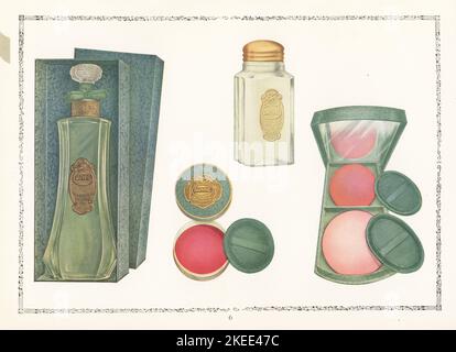 Cosmetici di marca Daphne da CPC, 1927. Bottiglia di acqua igienica in scatola, lattina di bustina in polvere, vanity makeup compact e duplex rouge compact con specchio. Chromolithograph di un artista sconosciuto del catalogo dei prodotti della California Perfume Company (successivamente Avon), New York, Kansas, Montreal, 1927. Foto Stock