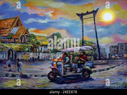 Pittura d'arte tuk tuk tuk taxi thailandia, siam terra di sorrisi Foto Stock