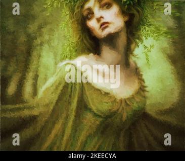 pittura digitale di una bella ninfa di legno o dryad in una foresta verde magica, illustrazione . Foto Stock