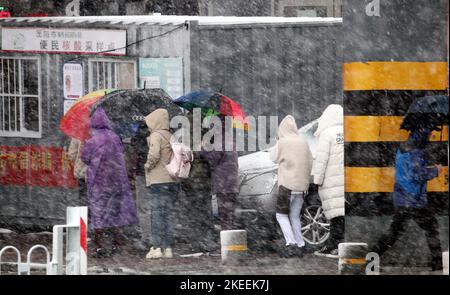 SHENYANG, CINA - NOVEMBER12, 2022 - la gente aspetta in fila sotto gli ombrelli nella neve per il test degli acidi nucleici a Shenyang, provincia di Liaoning, Cina, N. Foto Stock