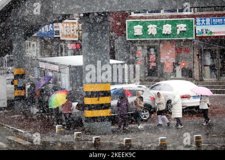 SHENYANG, CINA - NOVEMBER12, 2022 - la gente aspetta in fila sotto gli ombrelli nella neve per il test degli acidi nucleici a Shenyang, provincia di Liaoning, Cina, N. Foto Stock