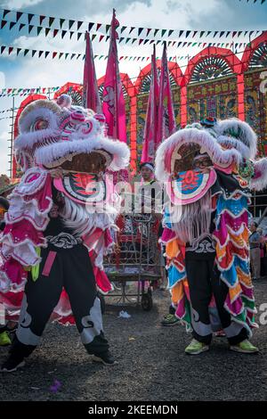 I ballerini leoni preparano i loro elaborati e colorati burattini per una performance al decennale da Jiu festival, Kam Tin, New Territories, Hong Kong, 2015 Foto Stock