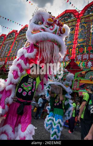 I ballerini leoni preparano i loro elaborati burattini per una performance presso il sito decennale del festival da Jiu, Kam Tin, New Territories, Hong Kong, 2015 Foto Stock