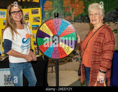 Donna che gioca un colorato gioco di ruota delle opportunità con idee  ispiratrici al Chisago Age Well Expo presso la Chisago Lakes High School di  Lindstrom, Minnesota Foto stock - Alamy