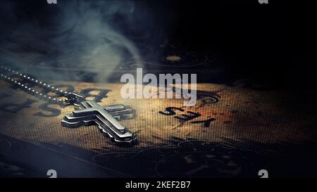 Croce simbolo cristiano su Ouija Witch Board foto Foto Stock