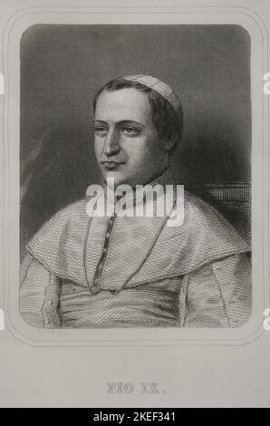 Pio IX (1792-1878). papa italiano (1846-1878), nato Giovanni Maria Mastai Ferretti. Verticale. Incisione di Geoffroy. 'Historia Universal', di César Cantú. Volume VI. 1857. Autore: Charles Geoffroy (1819-1882). Incisore francese. Foto Stock