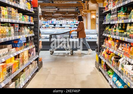 una donna con un carrello cammina tra le file di scaffali in un negozio di alimentari Foto Stock