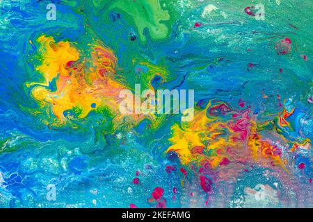 Texture creata con vernice acrilica mescolata a forme organiche e capricci, perfetta per sfondi e grafica Foto Stock