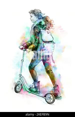 Ragazza in moto a scuola. Illustrazione di acquerello disegnata a mano in tecnica grunge. Isolato su sfondo bianco. Foto Stock