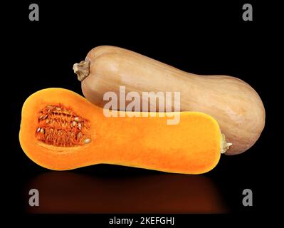 zucca di butternut dimezzata isolata su fondo nero, zucca sana e popolare con sapore di noce Foto Stock