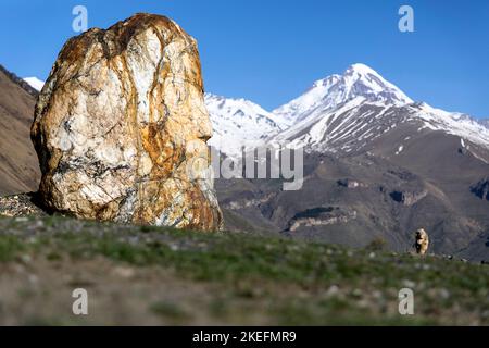 SNO Village 'Giant Stone Heads sculture realizzate dall'artista Merab Piranishvili, Kazbegi, Georgia Foto Stock