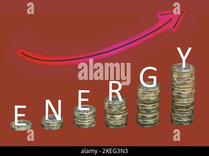 Pile di monete in altezza crescente con le lettere che ortografia energia in cima a ciascuna di esse che illustra l'improvviso aumento del costo dell'energia Foto Stock