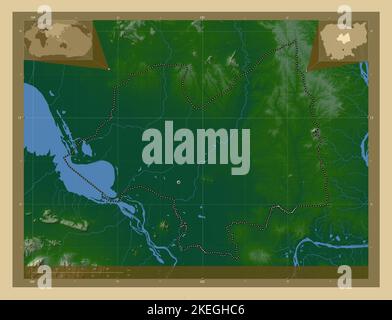 Kampong Thum, provincia di Cambogia. Mappa di altitudine colorata con laghi e fiumi. Mappe delle posizioni ausiliarie degli angoli Foto Stock