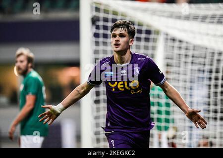 Il Thibo Baeten di Beerschot festeggia dopo aver segnato la partita di calcio tra K. Beerschot V.A. e RE Virton, sabato 12 novembre 2022 ad Anversa, il 13° giorno della prima divisione del campionato belga "Challenger Pro League" del 2022-2023. BELGA FOTO TOM GOYVAERTS Foto Stock