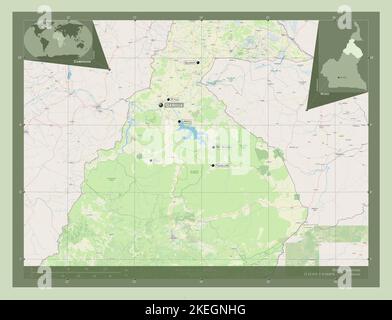 Nord, regione del Camerun. Aprire la mappa stradale. Località e nomi delle principali città della regione. Mappe delle posizioni ausiliarie degli angoli Foto Stock