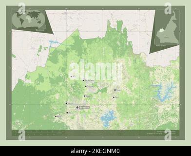 Nord-Ouest, regione del Camerun. Aprire la mappa stradale. Località e nomi delle principali città della regione. Mappe delle posizioni ausiliarie degli angoli Foto Stock