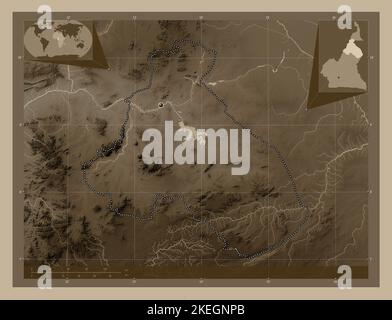 Nord, regione del Camerun. Mappa dell'altitudine colorata in tonalità seppia con laghi e fiumi. Mappe delle posizioni ausiliarie degli angoli Foto Stock