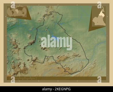Nord, regione del Camerun. Mappa di altitudine colorata con laghi e fiumi. Mappe delle posizioni ausiliarie degli angoli Foto Stock