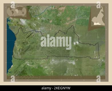 Sud, regione del Camerun. Mappa satellitare ad alta risoluzione. Posizioni delle principali città della regione. Mappe delle posizioni ausiliarie degli angoli Foto Stock