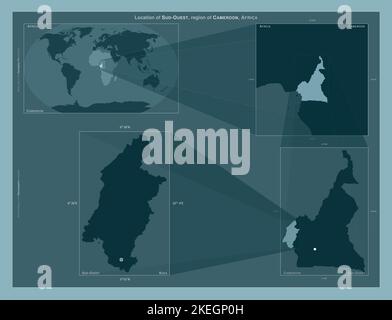 Sud-Ouest, regione del Camerun. Diagramma che mostra la posizione della regione su mappe in scala più grande. Composizione di fotogrammi vettoriali e forme PNG su un solido Foto Stock