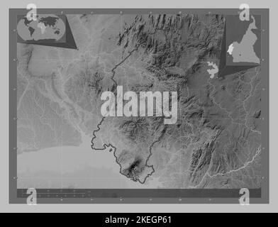 Sud-Ouest, regione del Camerun. Mappa in scala di grigi con laghi e fiumi. Mappe delle posizioni ausiliarie degli angoli Foto Stock