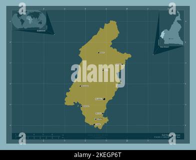 Sud-Ouest, regione del Camerun. Forma a tinta unita. Località e nomi delle principali città della regione. Mappe delle posizioni ausiliarie degli angoli Foto Stock