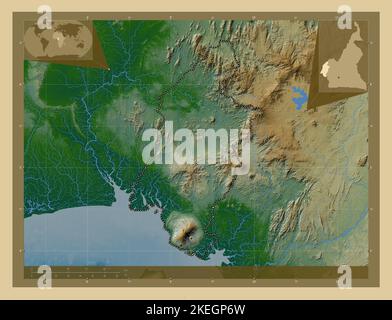 Sud-Ouest, regione del Camerun. Mappa di altitudine colorata con laghi e fiumi. Mappe delle posizioni ausiliarie degli angoli Foto Stock