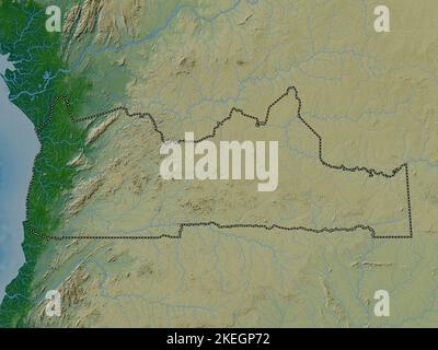 Sud, regione del Camerun. Mappa di altitudine colorata con laghi e fiumi Foto Stock