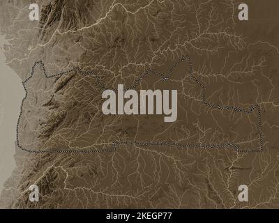 Sud, regione del Camerun. Mappa dell'altitudine colorata in tonalità seppia con laghi e fiumi Foto Stock
