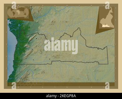 Sud, regione del Camerun. Mappa di altitudine colorata con laghi e fiumi. Posizioni delle principali città della regione. Mappe delle posizioni ausiliarie degli angoli Foto Stock