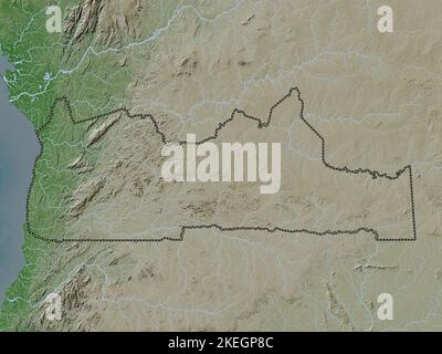Sud, regione del Camerun. Mappa dell'altitudine colorata in stile wiki con laghi e fiumi Foto Stock