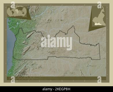 Sud, regione del Camerun. Mappa dell'altitudine colorata in stile wiki con laghi e fiumi. Mappe delle posizioni ausiliarie degli angoli Foto Stock